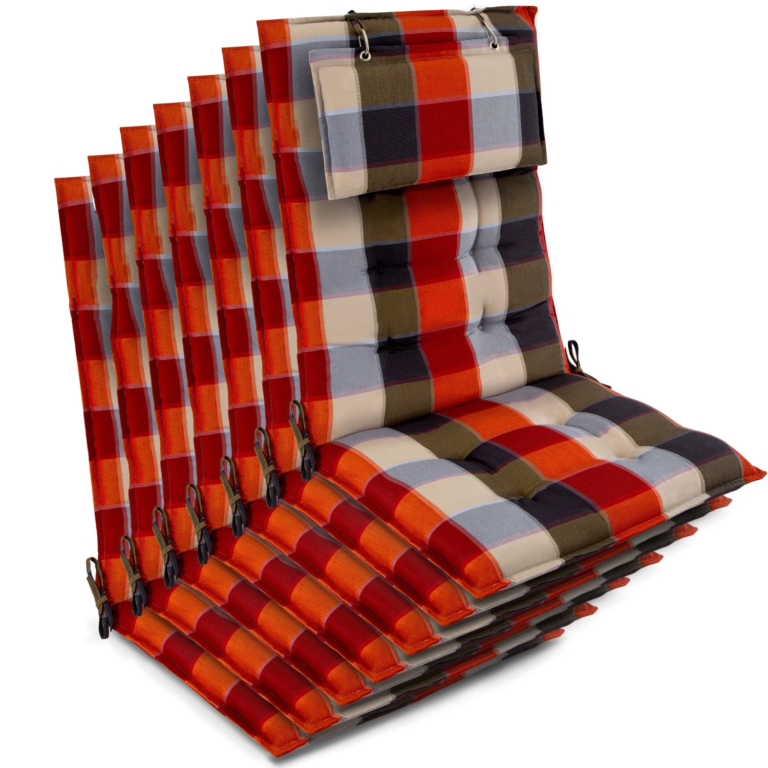 Beautissu 7er Set Sun-HL Hochlehner Auflage 120x50x8cm Orange-Beige-Kariert