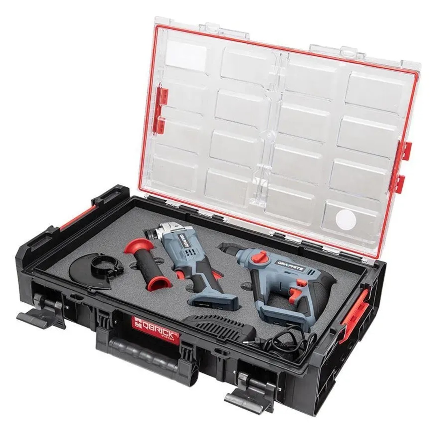 Schwarzer PROREGAL QBRICK Werkzeugkoffer One XL mit Werkzeugen und Schaumstoffeinlage.
