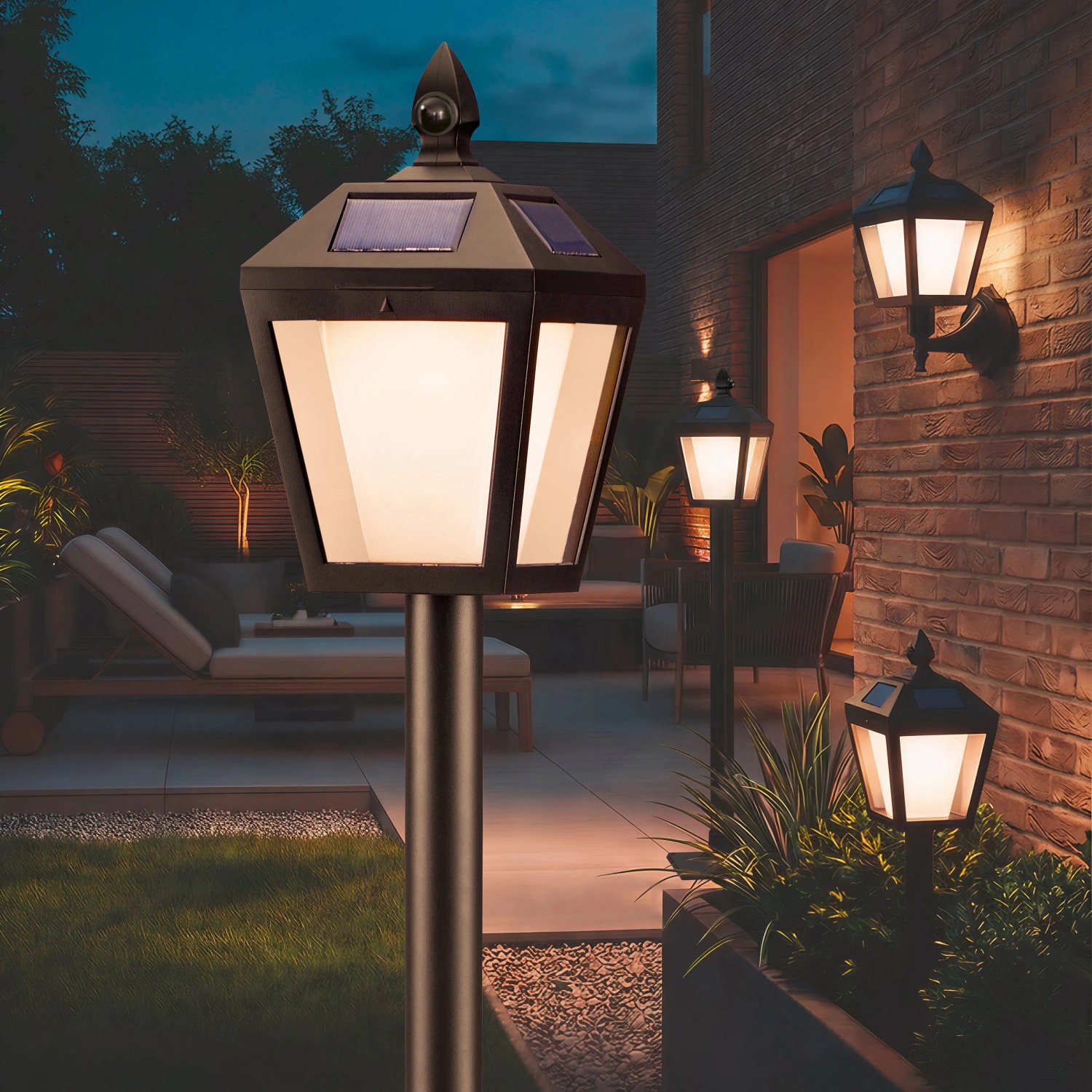 Solar-LED-Außenleuchte 4in1 im Antik-Look, als Steh- und Wandleuchte für Garten und Terrasse.