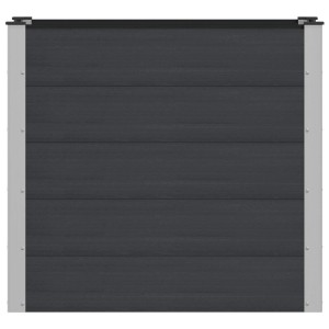 Schwarzes Hochbeet mit horizontalen WPC-Paneelen und silbernen Aluminiumpfosten. Robustes Design für Garten.