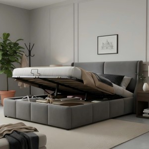Graues okwish Doppelbett mit hydraulischem Bettkasten, ohne Matratze.