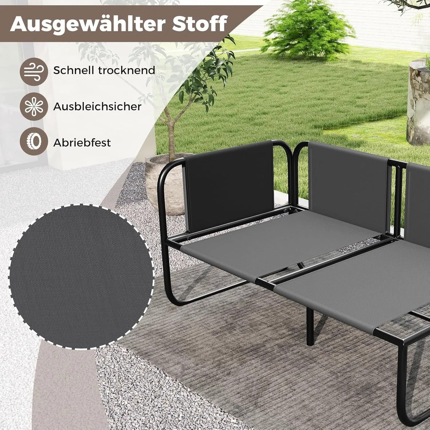 Graues 2-Sitzer Garten Lounge Sofa mit schwarzem Metallrahmen. Detail des schnell trocknenden, abriebfesten Outdoor-Stoffs.