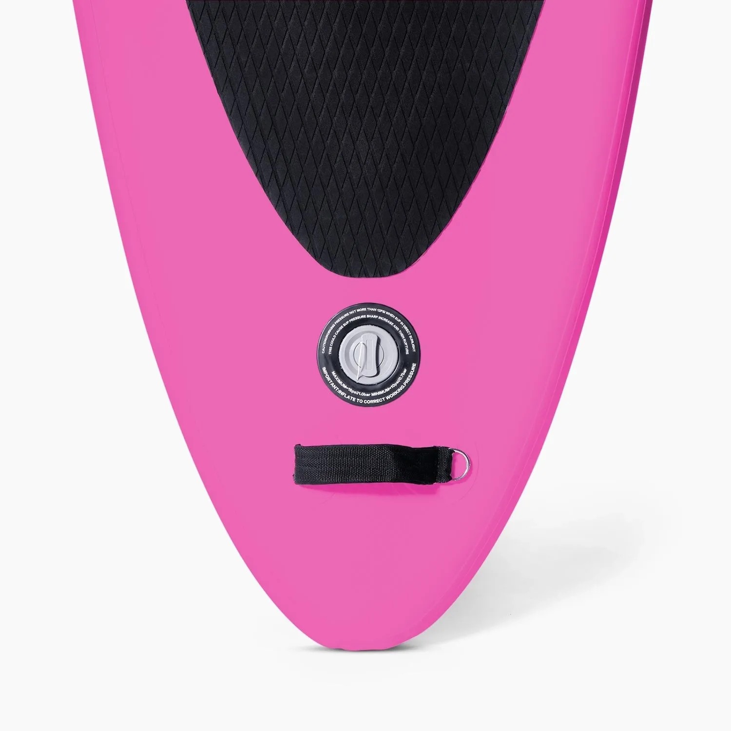 Pinkes Suprfit SUP Stand-Up-Paddling Board Heck mit schwarzem EVA Pad, Ventil und Leash-Befestigung.