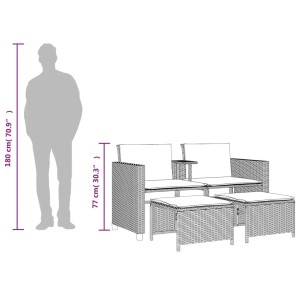 Braunes 2-Sitzer Gartensofa Set mit Tisch und Hockern aus Poly Rattan.