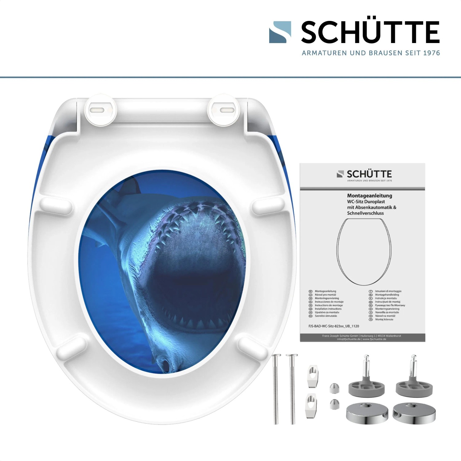 Schütte WC-Sitz Shark mit Absenkautomatik und Hai-Motiv, inklusive Montagezubehör.