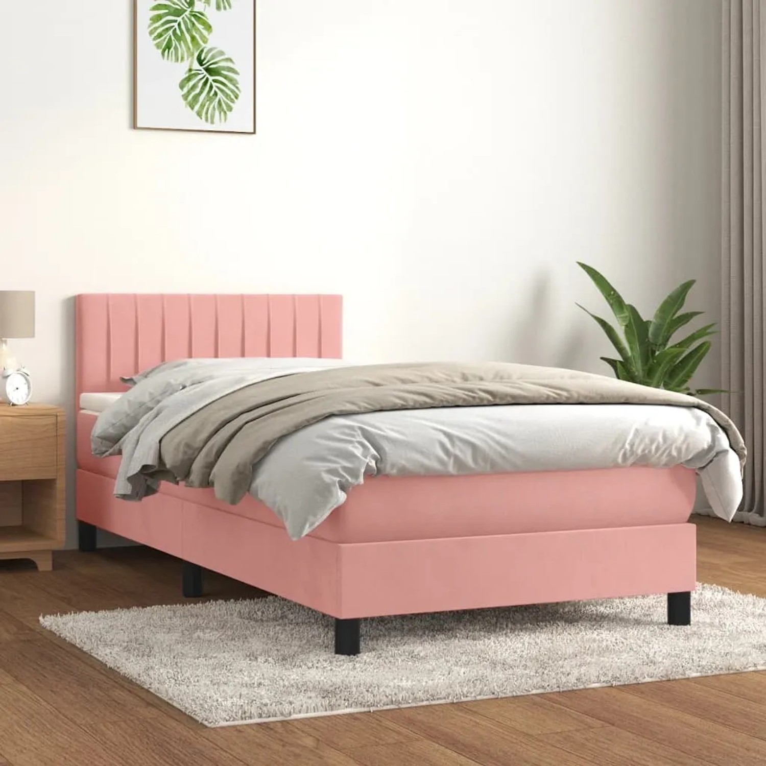 Rosa vidaXL Boxspringbett mit Matratze (90x190 cm) aus Samt für erholsamen Schlaf.