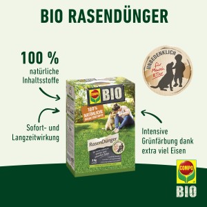 Compo BIO Rasendünger 3 kg Packung mit Hinweisen zu Inhaltsstoffen und Anwendung.