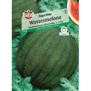Sperli Wassermelone 'Sugar Baby' Samenpackung mit reifen, grünen Melonen und angeschnittener Frucht.