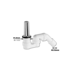 Weißes Standrohrventil (44,8 mm) für Duschwanne, Siphon und Ablaufrohr im Detail.