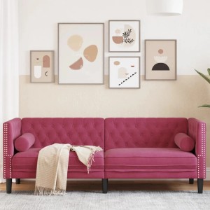 Elegantes, weinrotes 3-Sitzer Chesterfield Sofa mit Nackenrollen und Knopfheftung.