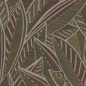 Grafik Tapete Floral in Braun, Gelb, Rot und Schwarz mit Palmenmuster.