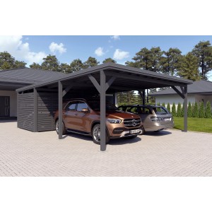 Doppelcarport Ralf mit Geräteraum in Anthrazit mit zwei parkenden Autos.