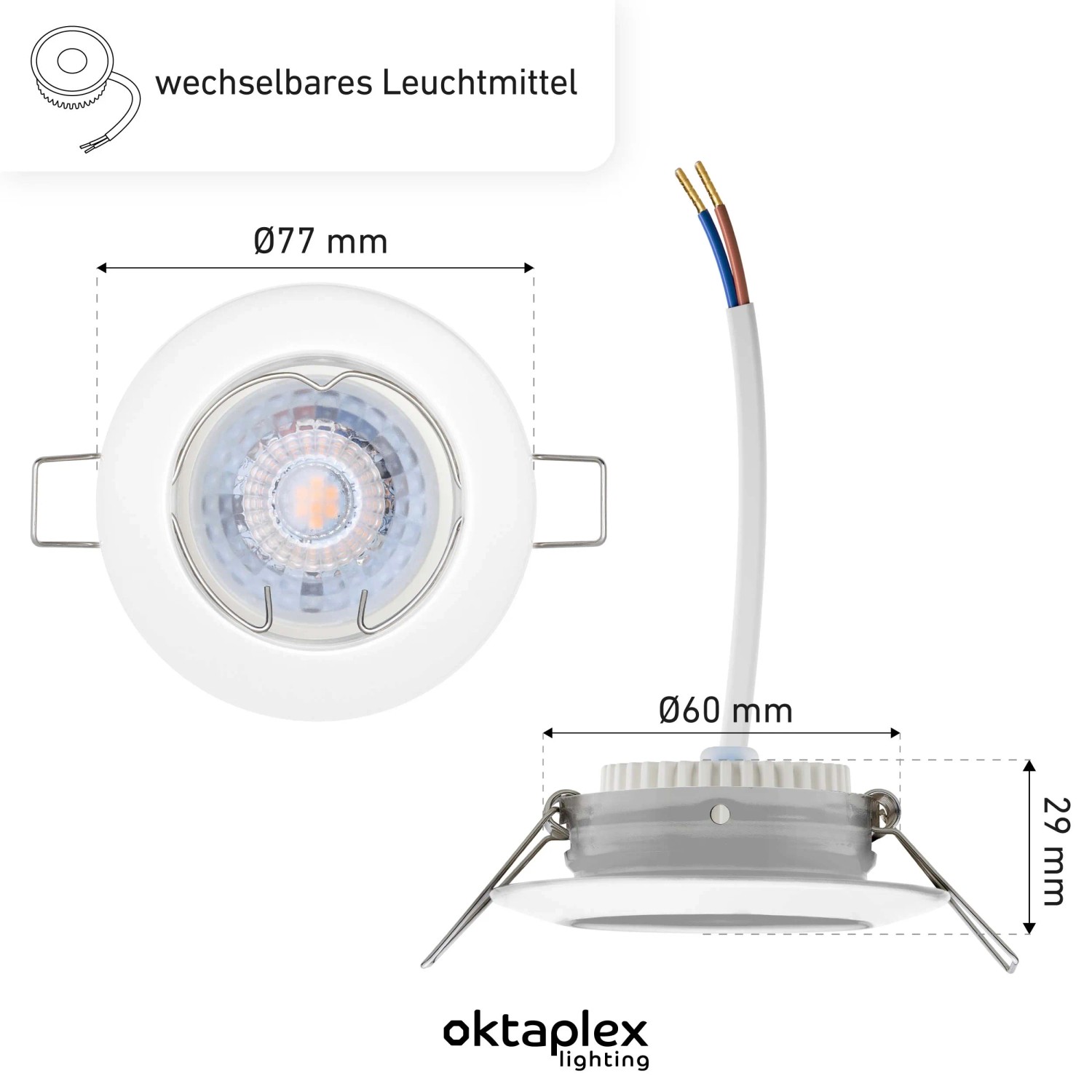 Oktaplex Sedan LED Einbauleuchte, 12er Set, dimmbar, warmweiß, Maße im Bild.