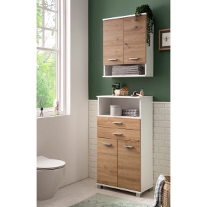 Schildmeyer Highboard Palermo in Weiß-Eiche mit Türen, Schubladen und offenem Fach.