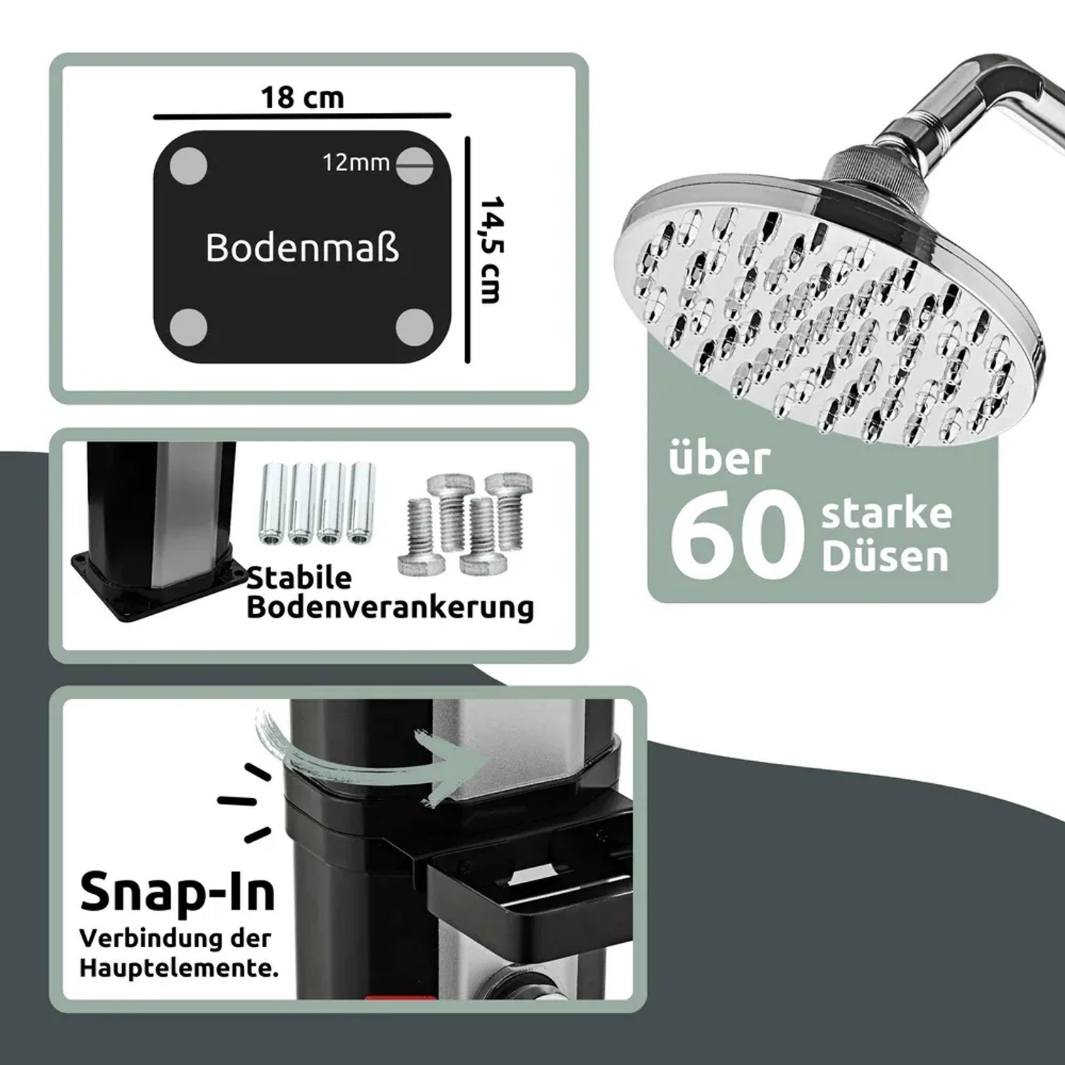 Details der DELUKE Solardusche: Bodenmaße, Düsenkopf, Bodenverankerung und Snap-In Verbindung.