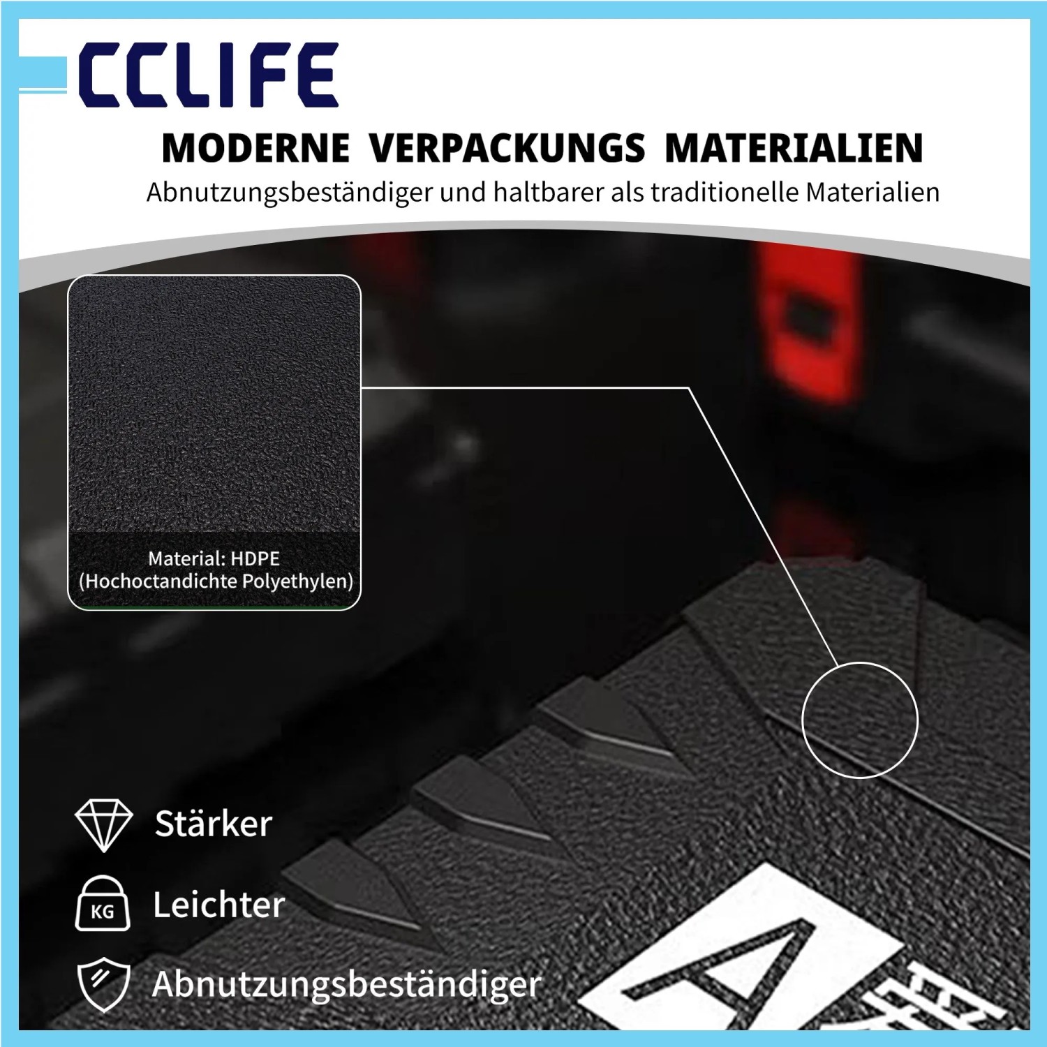 Detailansicht der CCLIFE Werkzeugkoffer-Verpackung aus schwarzem HDPE, stark, leicht & verschleißfest.