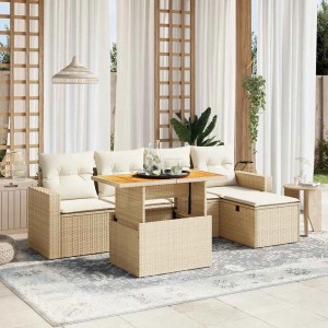 Beige 6-tlg. vidaXL Garten-Sofagarnitur aus Rattan mit Tisch und Kissen.