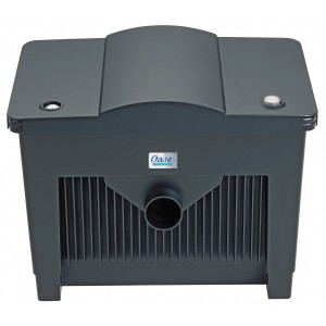 Oase BioSmart 18000 Durchlauffilter für Gartenteiche, grauer Teichfilter mit Reinigungshebel und Temperaturanzeige.