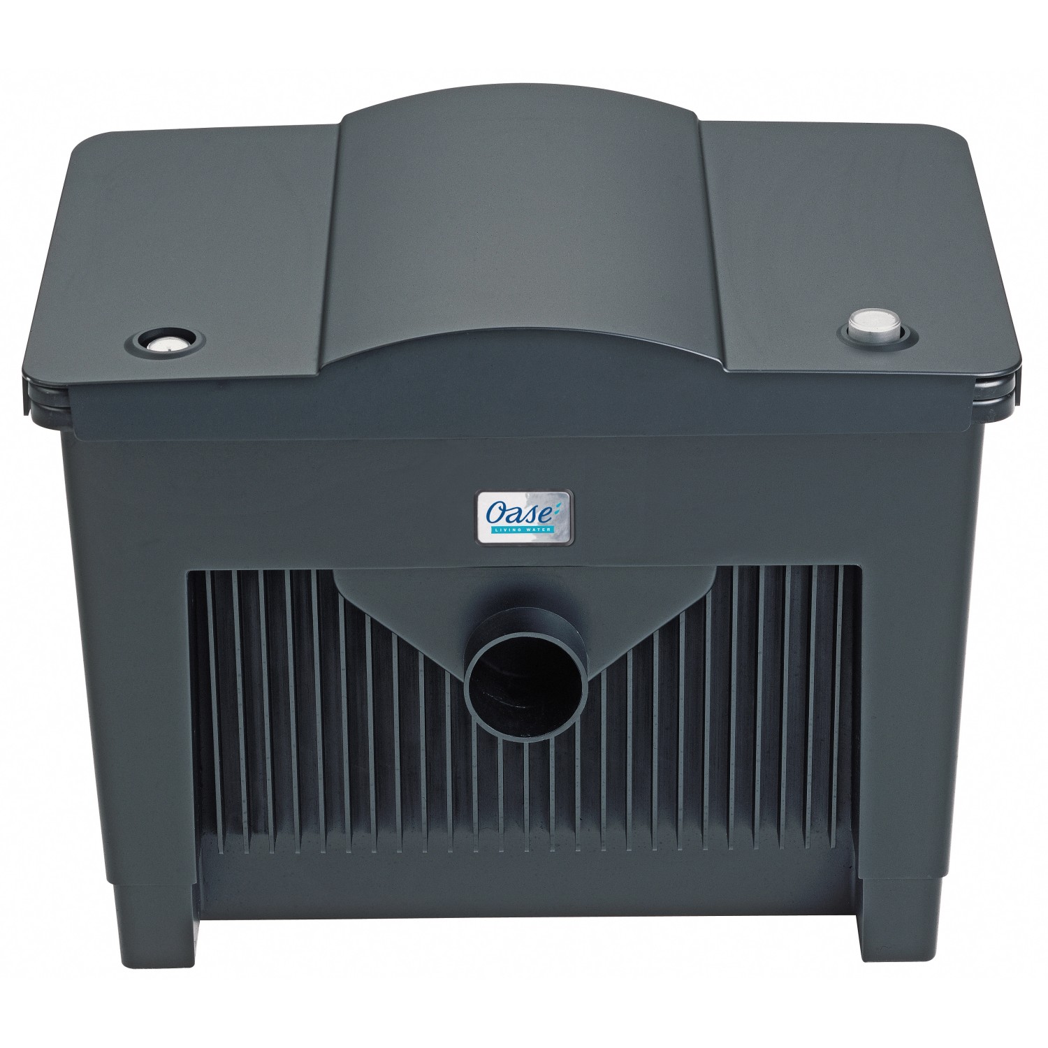 Oase BioSmart 18000 Durchlauffilter für Gartenteiche, grauer Teichfilter mit Reinigungshebel und Temperaturanzeige.