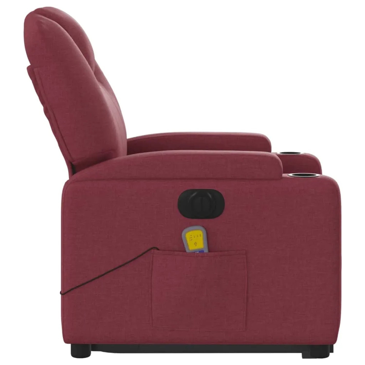 Elektrischer Massagesessel mit Aufstehhilfe, weinrot, Stoff, mit Getränkehalter und Fernbedienung.