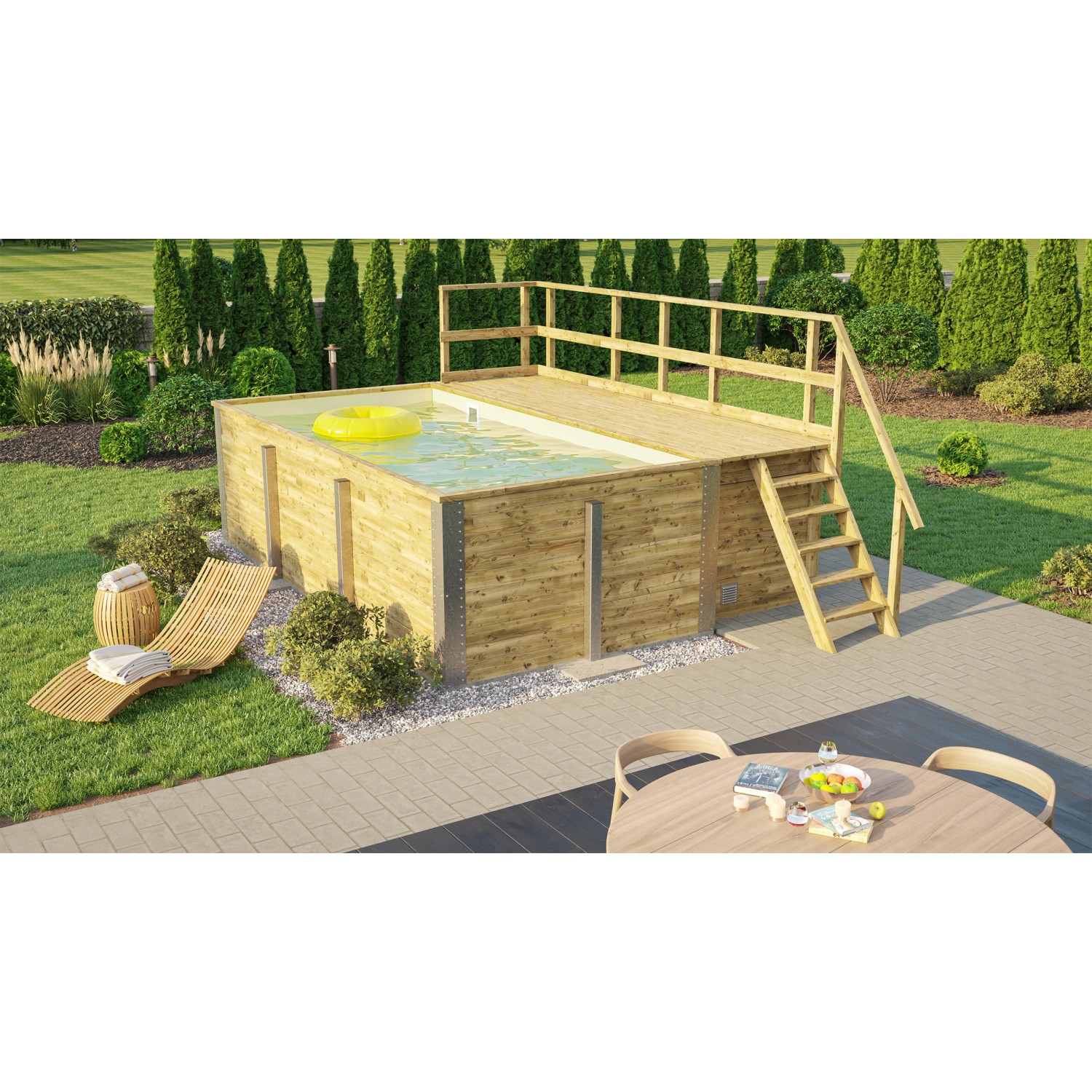 Rechteckiger Weka Holzpool mit Sonnendeck, Leiter und gelbem Schwimmring im Garten.