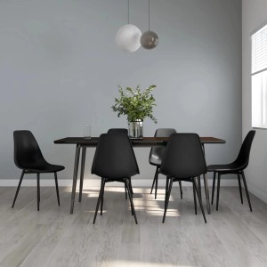 Schwarze vidaXL Esszimmerstühle, 6er-Set, aus Polypropylen mit Metallbeinen.
