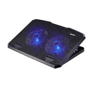 Schwarzer, neigbarer Hama Laptop-Kühler mit 2 Lüftern und blauer LED-Beleuchtung.