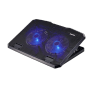 Schwarzer, neigbarer Hama Laptop-Kühler mit 2 Lüftern und blauer LED-Beleuchtung.