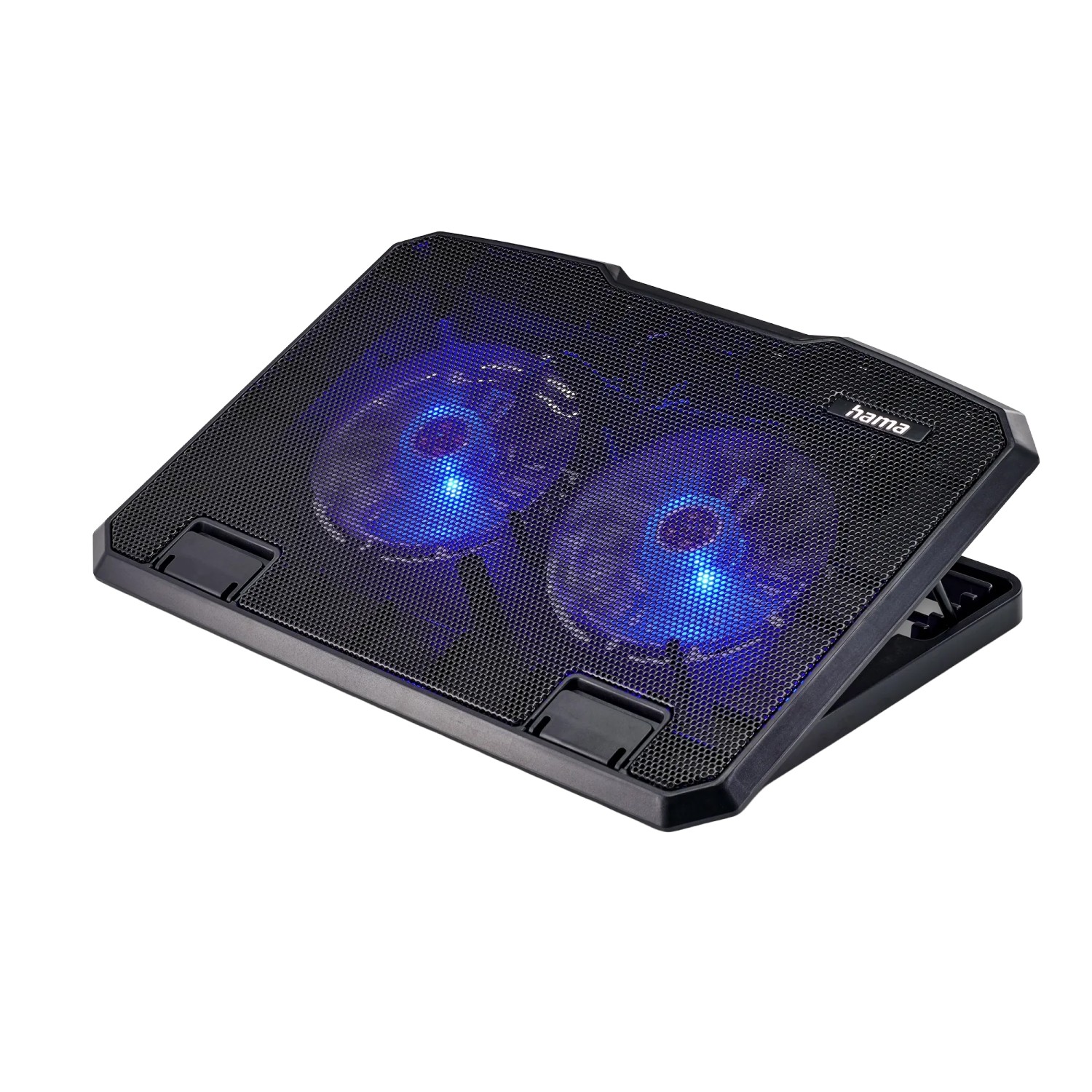 Schwarzer, neigbarer Hama Laptop-Kühler mit 2 Lüftern und blauer LED-Beleuchtung.