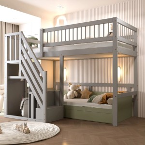 Graues Massivholzbett mit Treppe und Stauraum für Kinderzimmer.