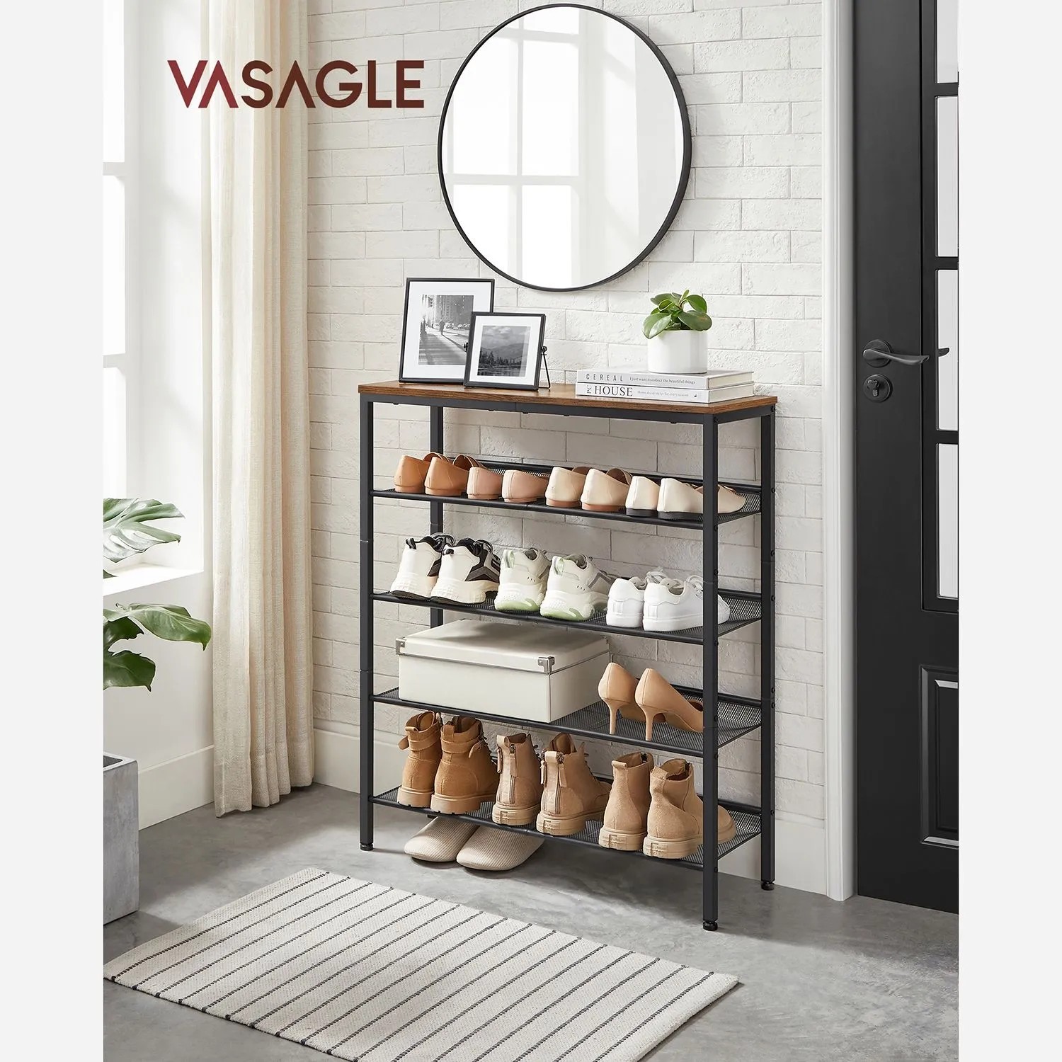 Vasagle Schuhregal mit 5 Ebenen in Braun-Schwarz, bietet Platz für Schuhe und Deko.