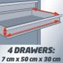 Detailaufnahme: Schublade des roten Einhell Werkstattwagens TC-TW 100 mit Maßangaben.