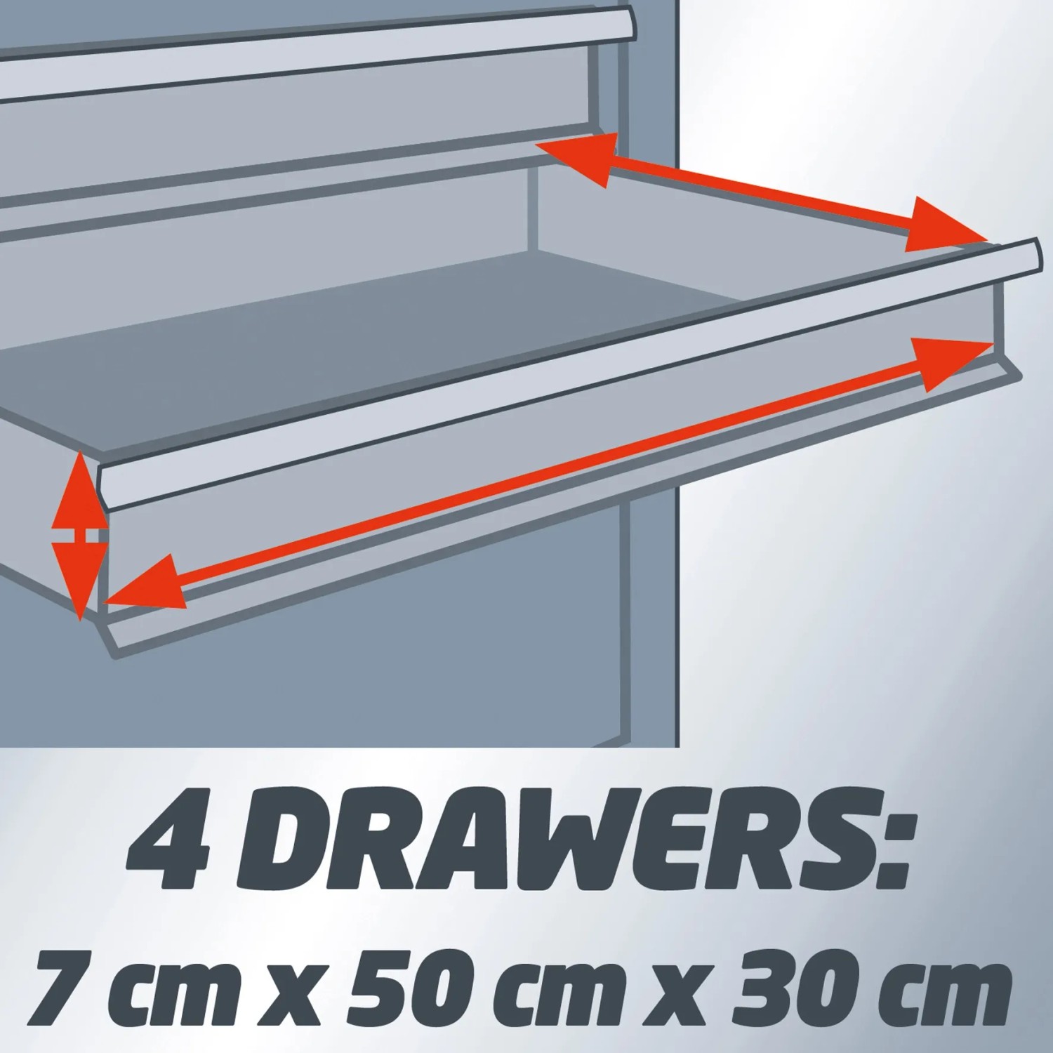 Detailaufnahme: Schublade des roten Einhell Werkstattwagens TC-TW 100 mit Maßangaben.