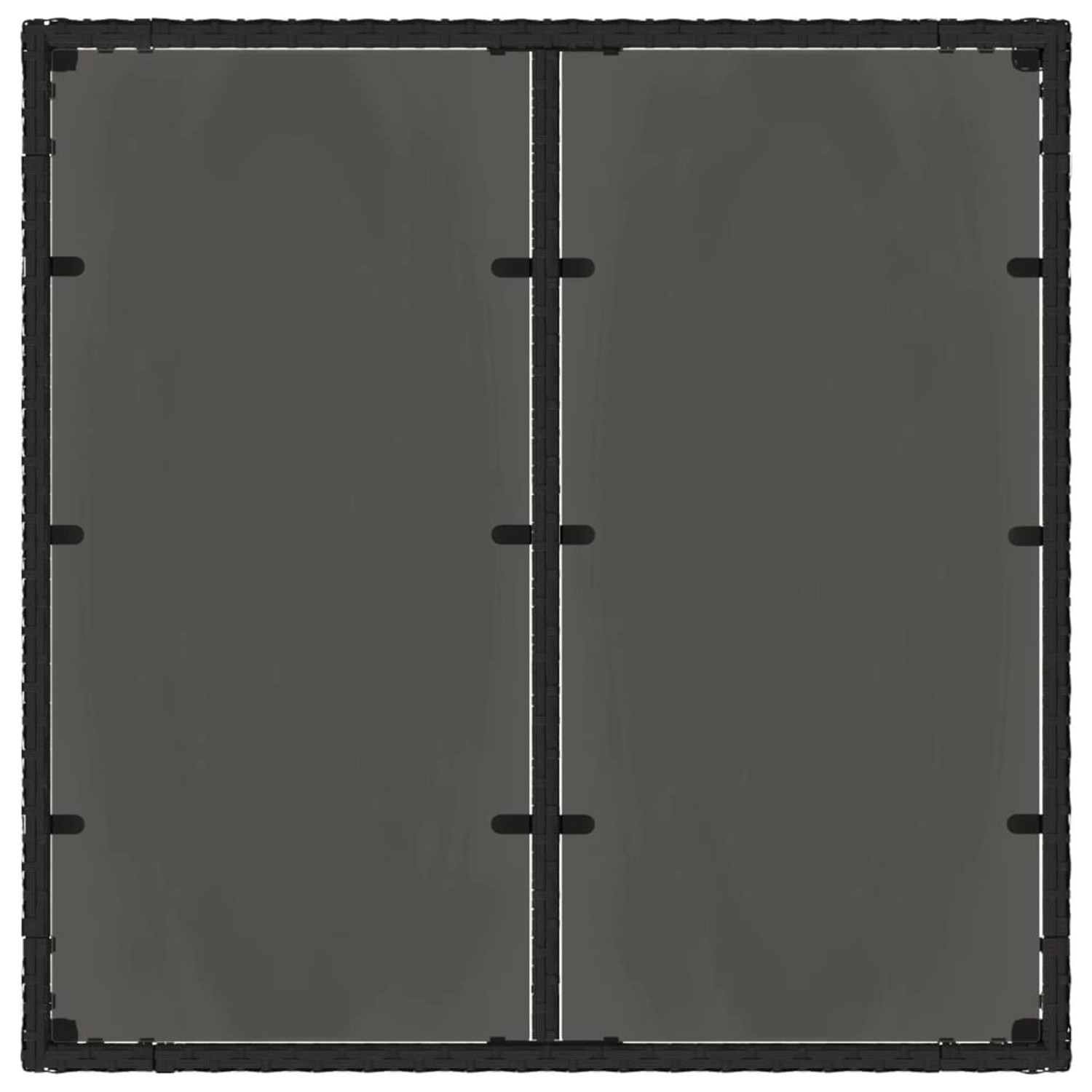 Schwarzer vidaXL Gartentisch mit Glasplatte, 90x90 cm, aus Poly Rattan.