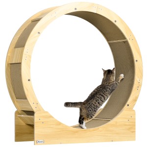 Katze benutzt PawHut Katzenlaufrad aus Eiche und Wellpappe für Agility Training.