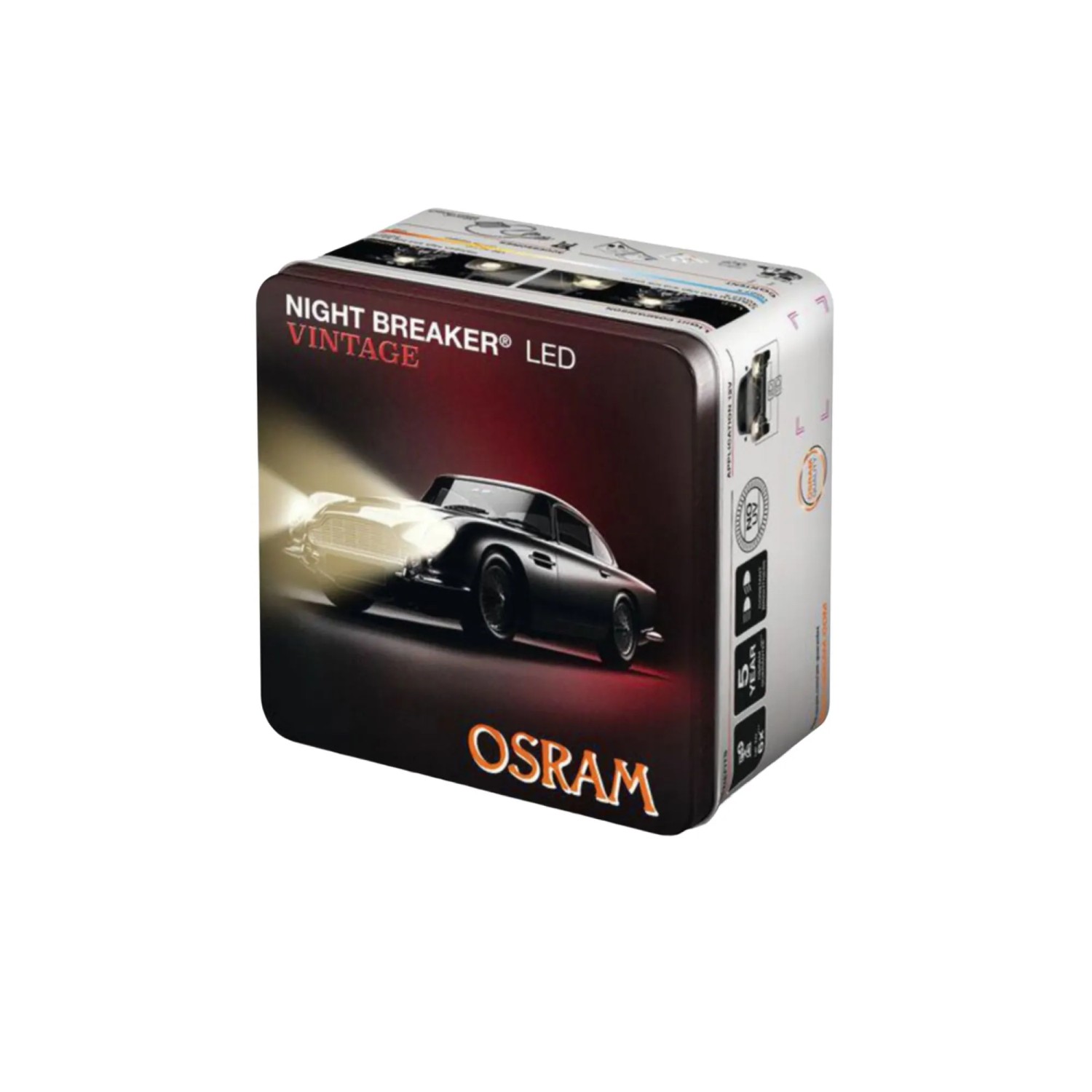 Verpackung der Osram LED Night Breaker Vintage H4 Scheinwerferlampe mit Oldtimer-Motiv.