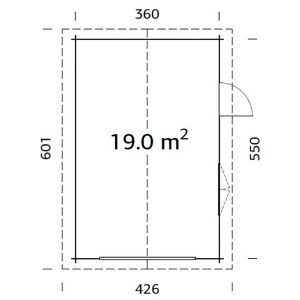 Grundriss Palmako Holzgarage Roger (360x550cm) ohne Tor. Maße und Aufteilung der Fertiggarage.