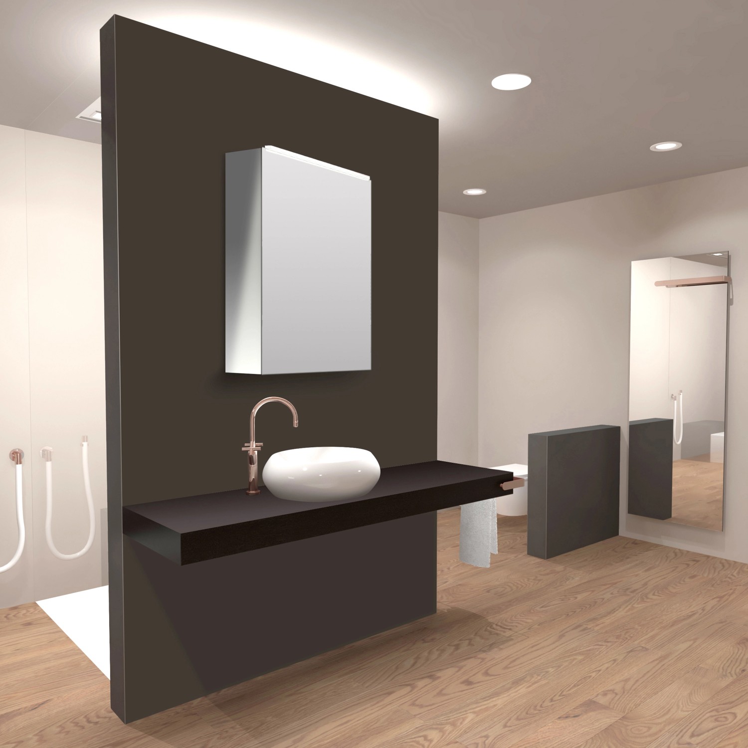 DSK Spiegelschrank Aluminio Vegas, alufarben, 50 cm breit, mit Beleuchtung im modernen Badezimmer.