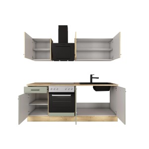 Flex-Well Küche Cara in Schilfgrün/Artisan Eiche mit E-Geräten und Spüle, 210 cm breit.