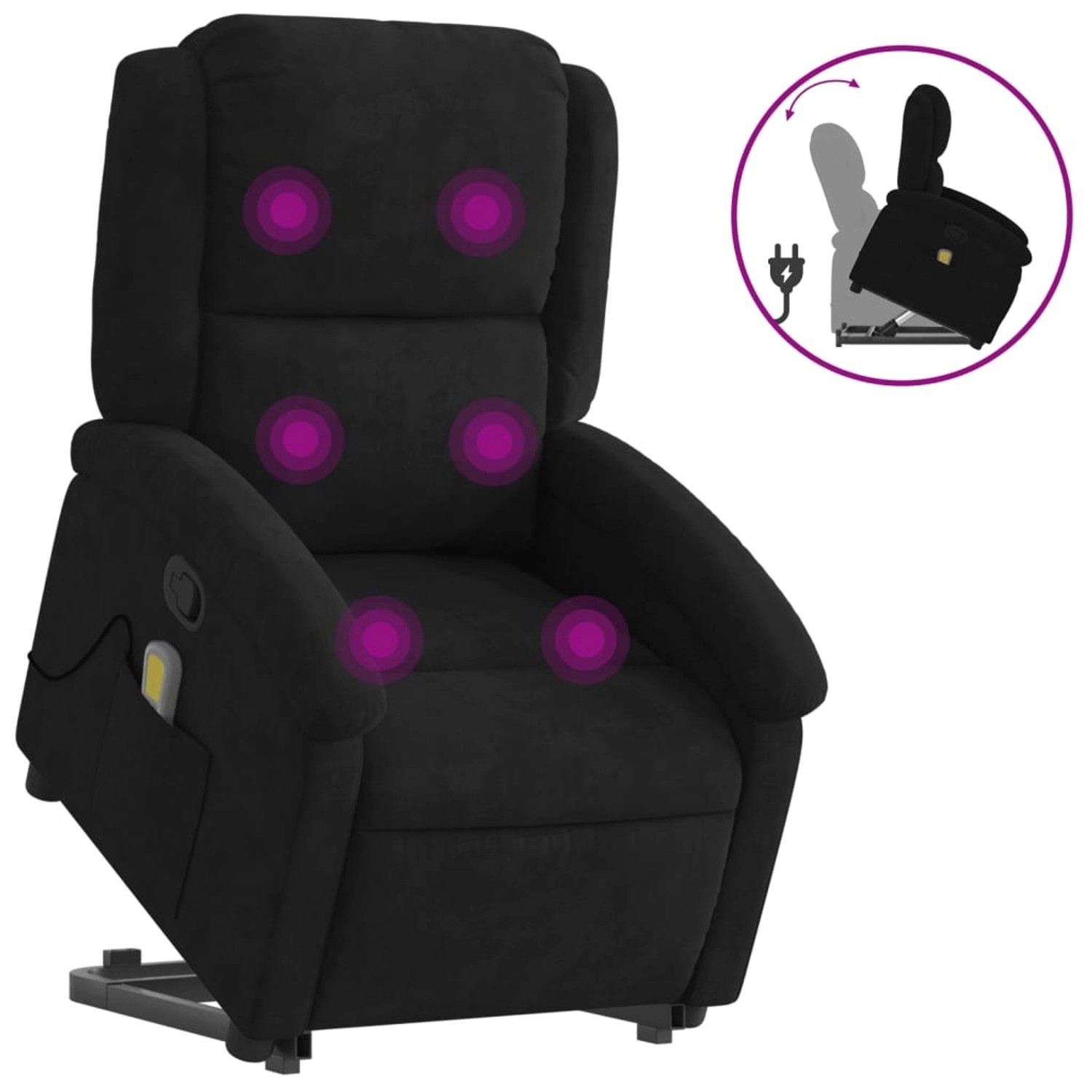 Schwarzer vidaXL Massagesessel mit Aufstehhilfe aus Samt, mit Vibrationspunkten.