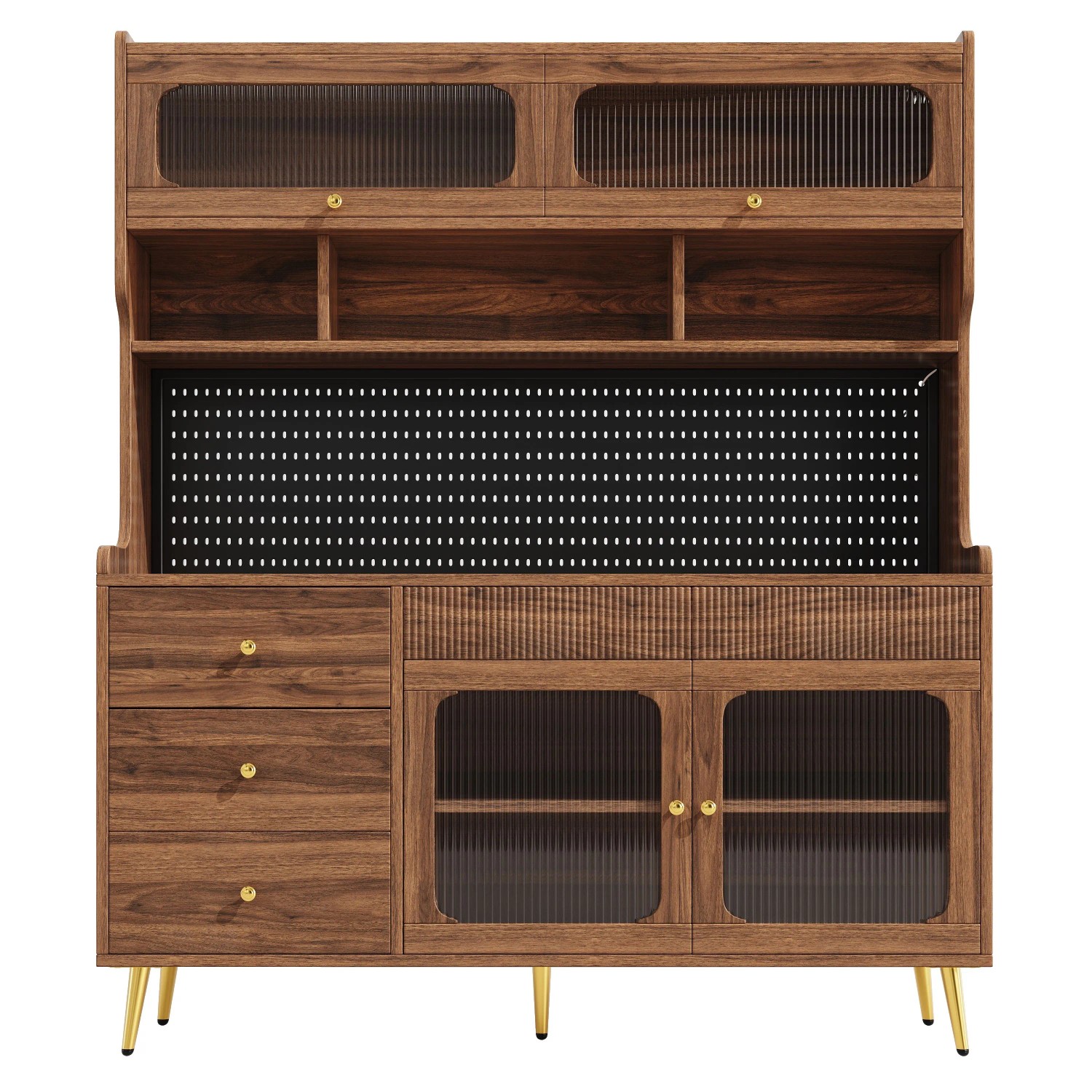 okwish Hochschrank mit LED Beleuchtung App Steuerung Küche 145x39x171cm Braun