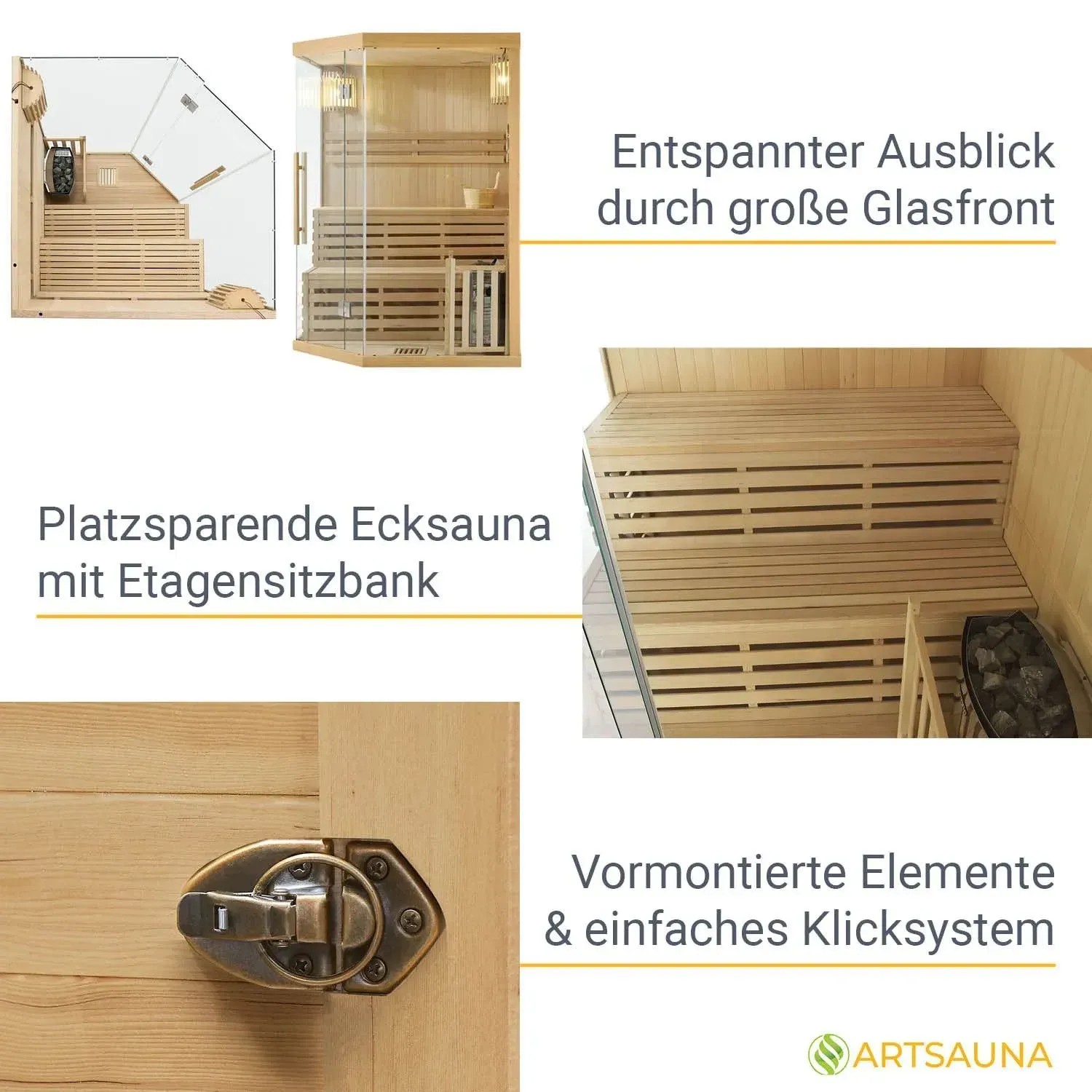 Artsauna Espoo150 Premium Sauna: Ecksauna aus Hemlockholz mit Glasfront und Zubehör.