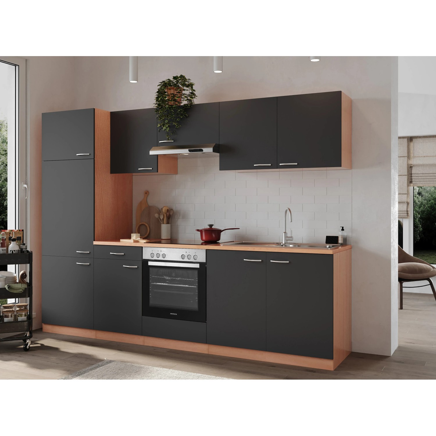 Respekta Küchenzeile KB270BGEC, 270 cm, Grau/Buche Nachbildung, mit E-Geräten und Spüle.