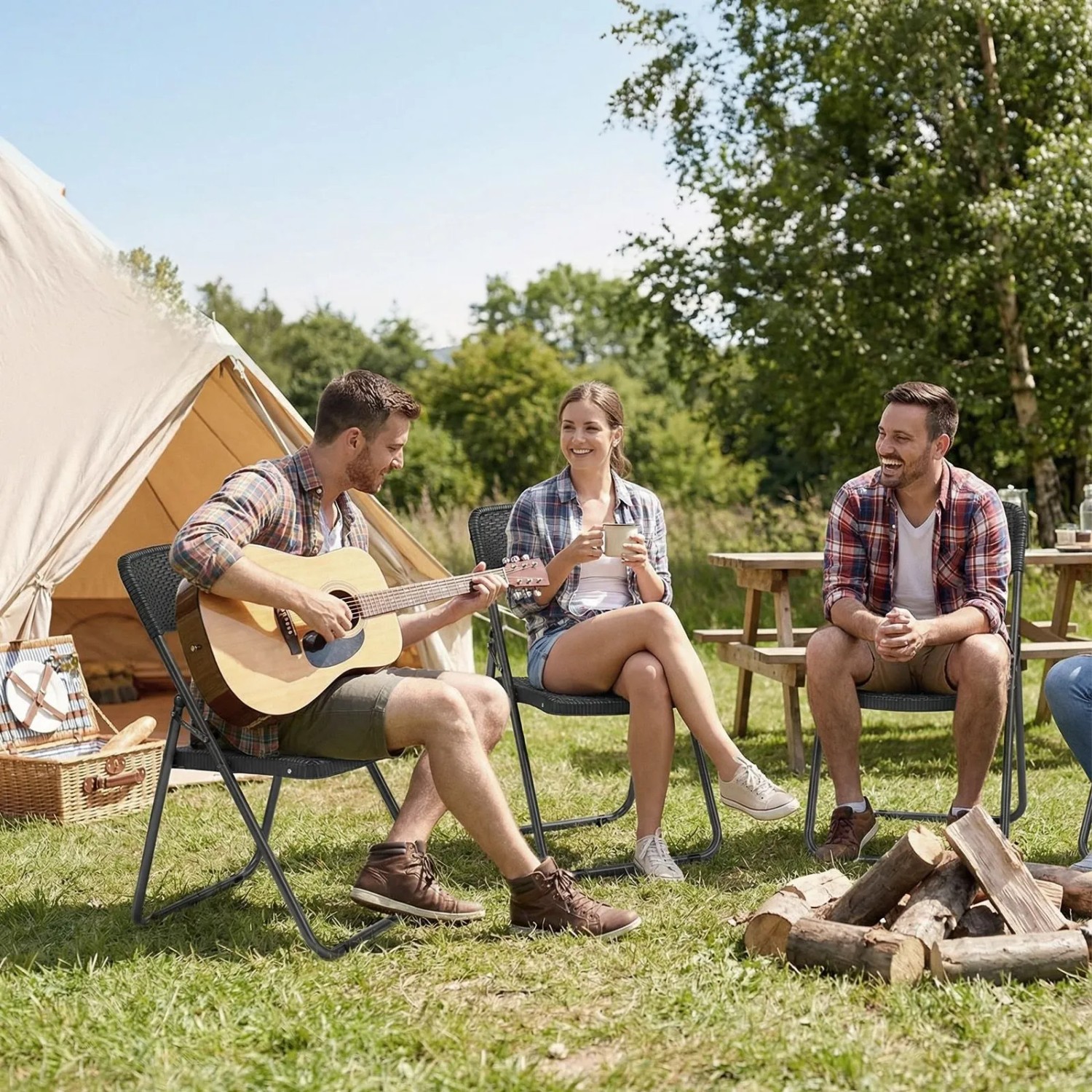Personen sitzen auf Rattan Gartenstühlen von Sekey. Camping Szene mit Zelt und Gitarre.