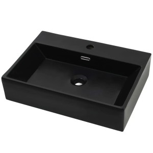 Schwarzes vidaXL Waschbecken aus Keramik, 60,5x42,5x14,5 cm, mit Hahnloch und Überlauf.