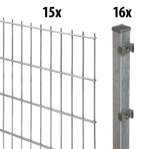 Verzinktes Doppelstabmatten-Set: Gittermatte und Zaunpfosten mit Klemmen. Gartenzaun-Komplettset, 140 cm hoch.