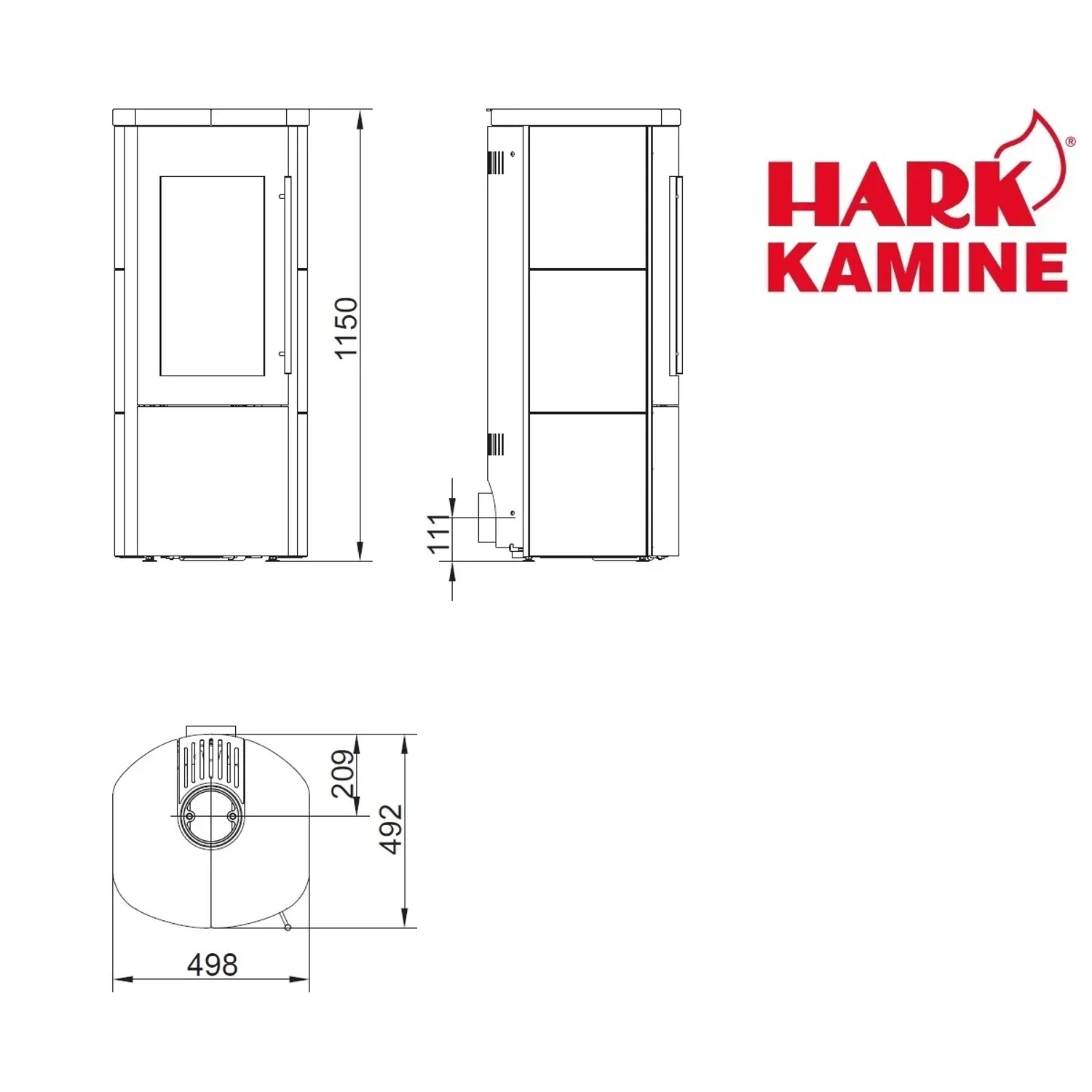 Technische Zeichnung Hark Dauerbrand-Kaminofen Lova ECOplus RUA Naturstein Grau 6 kW mit Maßen.