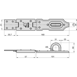 Technische Zeichnung einer Basi Sicherheitsüberfalle, 160 mm, mit Gelenk und Maßangaben.