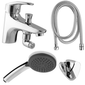 PaulGurkes Wannenset: Aufputz-Armatur, Handbrause, Metallschlauch, Halterung, verchromt.