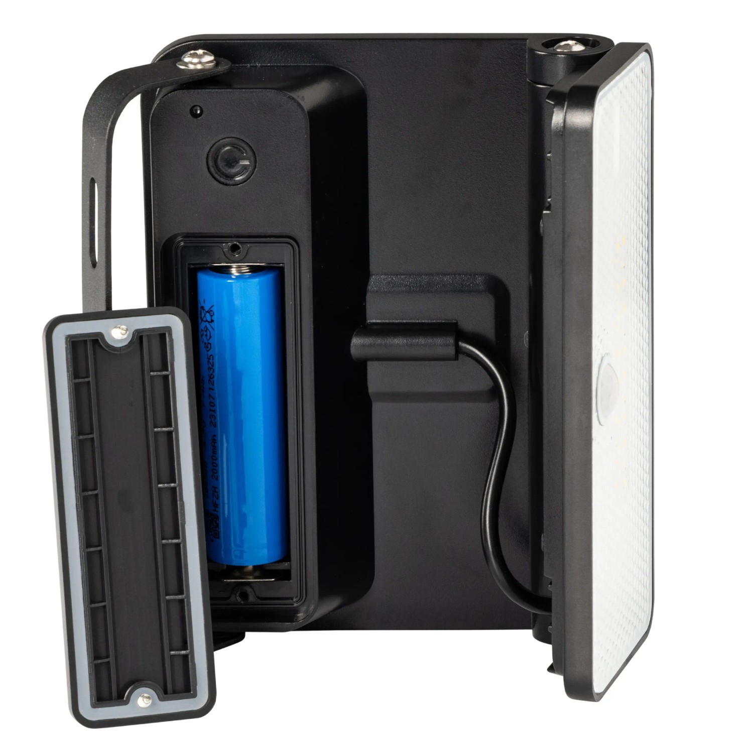Schwarze LED Solar-Außenleuchte mit geöffnetem Batteriefach und eingesetzter Batterie.